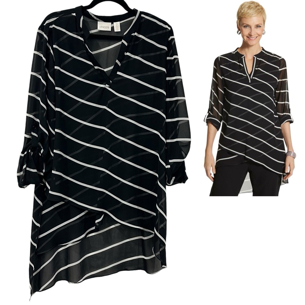 Chicos Black White Stripe Tunic Blouse‎ Sz 2 (L) Sheer Layered Top Career Office